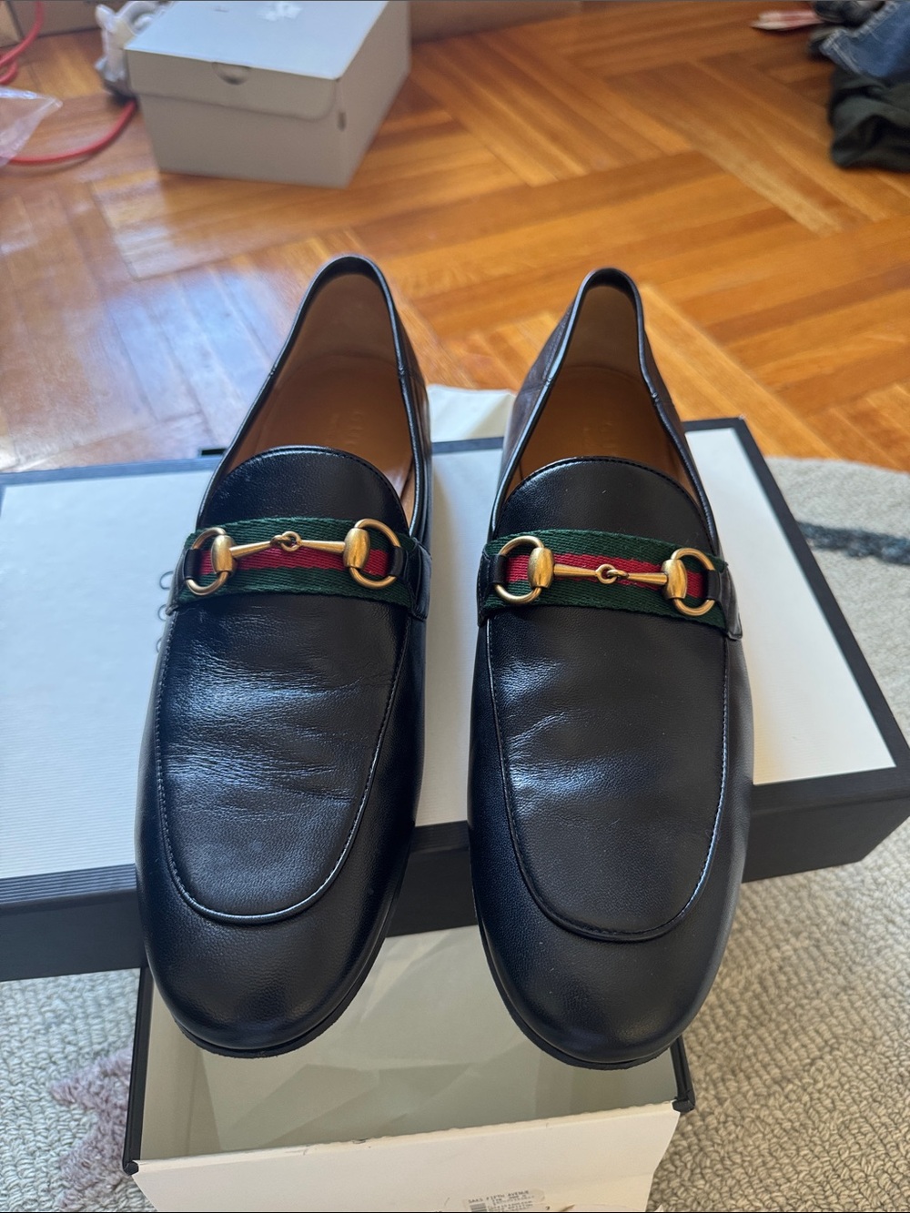 Gucci Black Leather Loafers with Green and Red Web & Gold Horsebit